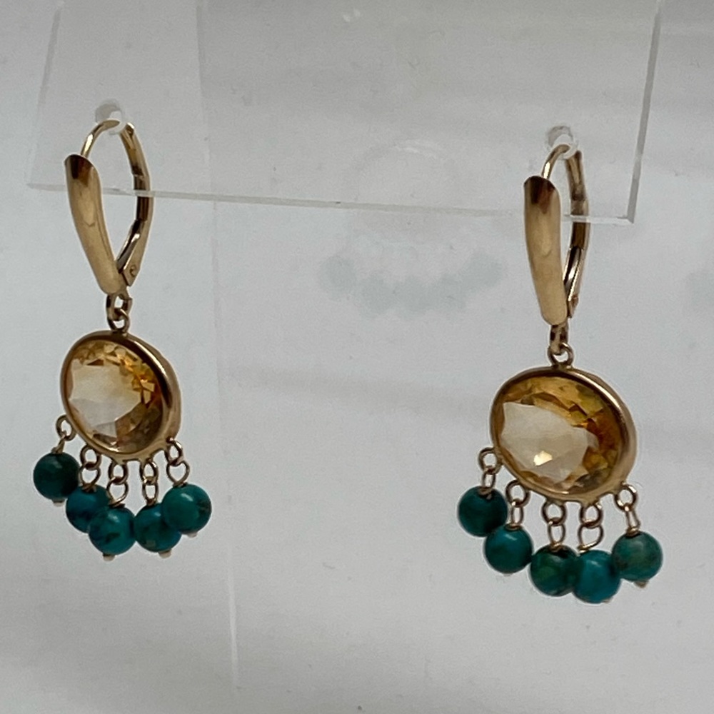 14K Yellow Gold Bezel Citrine and Turquoise Bead Dangle Leverback Earrings - Picture 15 of 15
